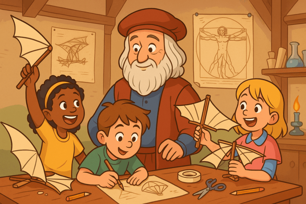 Leonardo en Kinderen die Vliegmachines Bouwen
